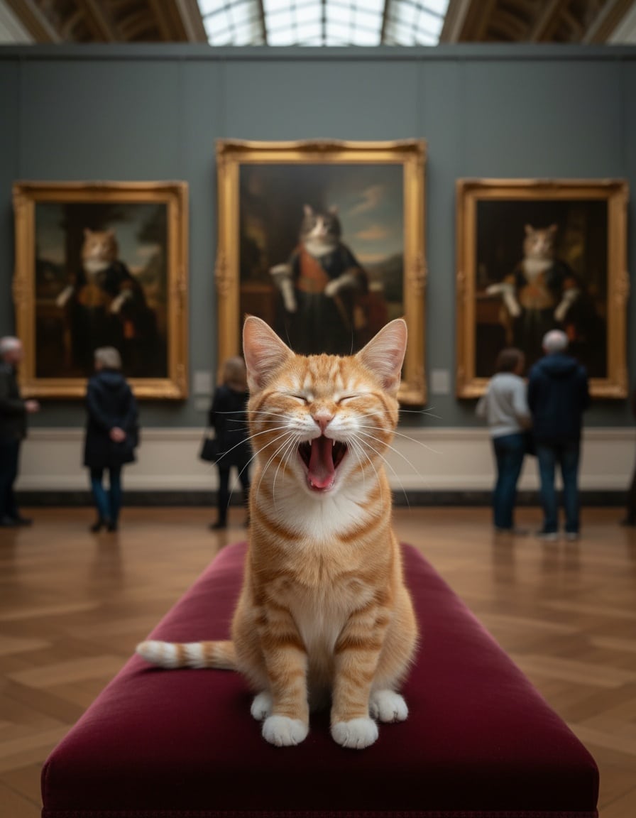 A ginger tabby cat yawns widely on a museum bench in front of framed cat paintings.