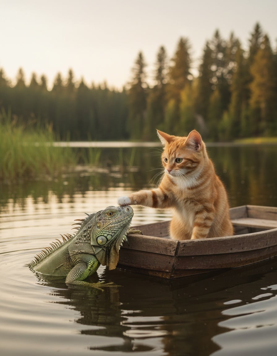 A ginger cat in a rowboat gently pats a nervous green iguana on a calm lake.