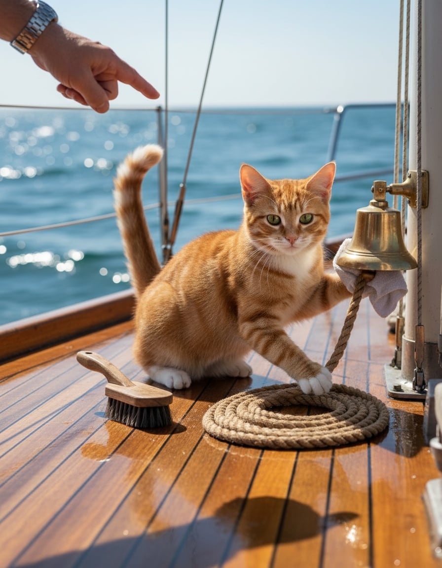 A ginger cat busily scrubs, coils rope and polishes a bell all at once on a boat deck.