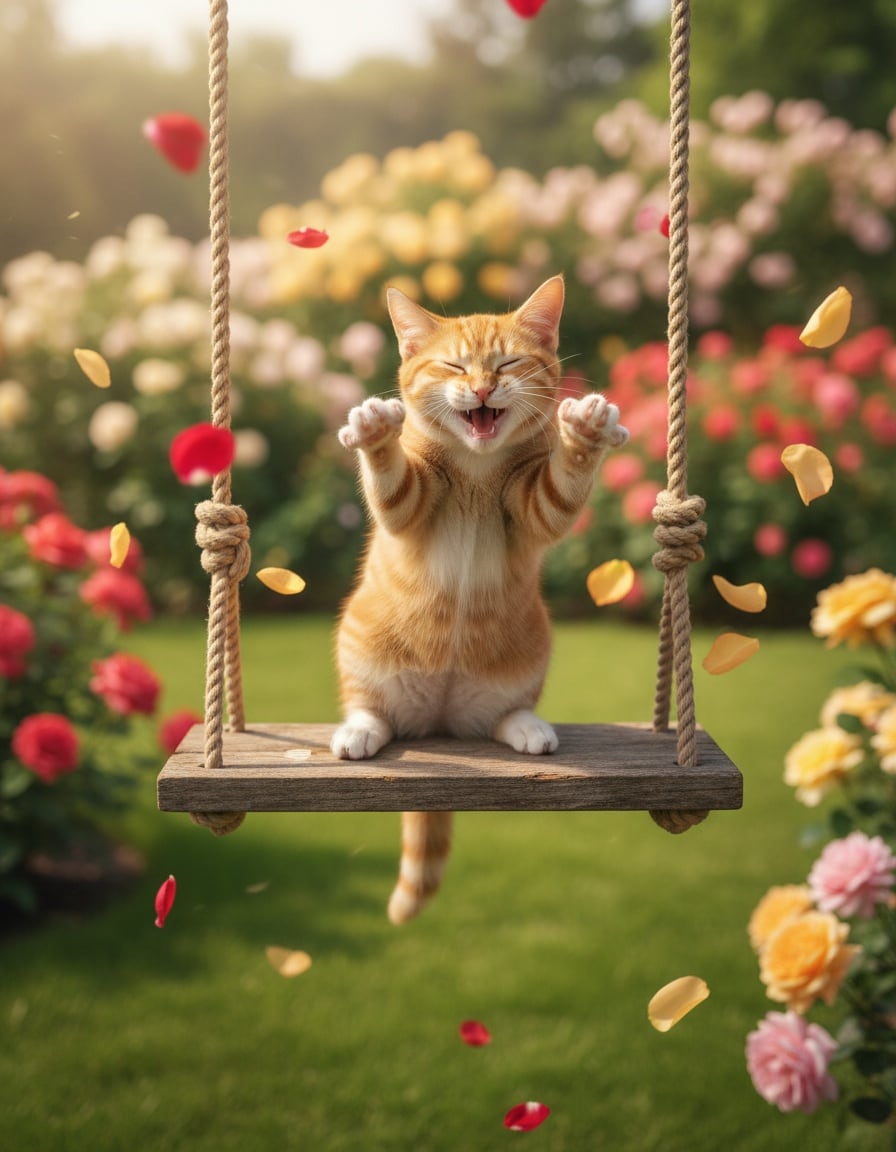 A grinning ginger tabby cat hangs happily from a wooden swing in a sunny garden.