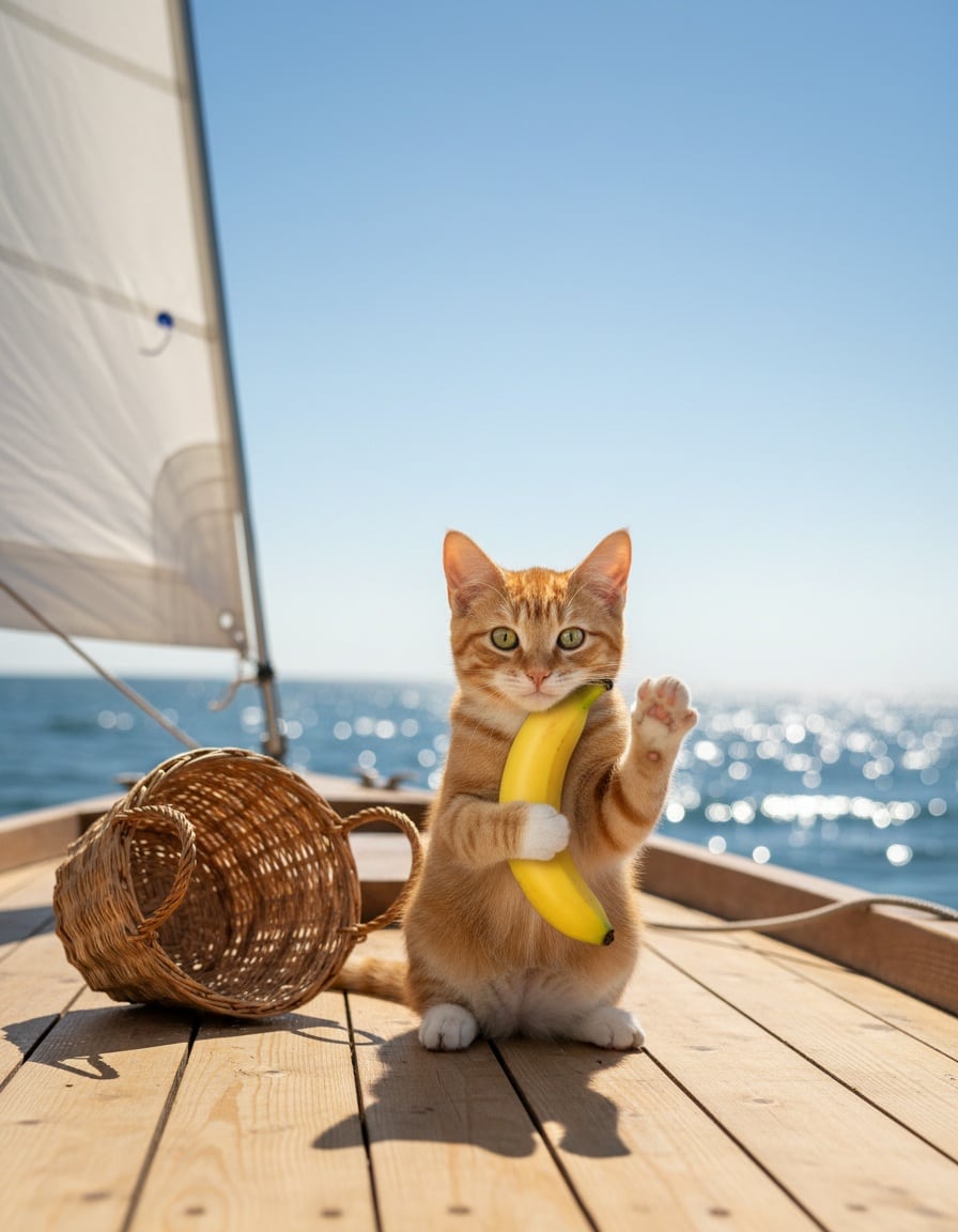 A ginger cat on a sailboat hugs one single banana next to an empty fruit basket.