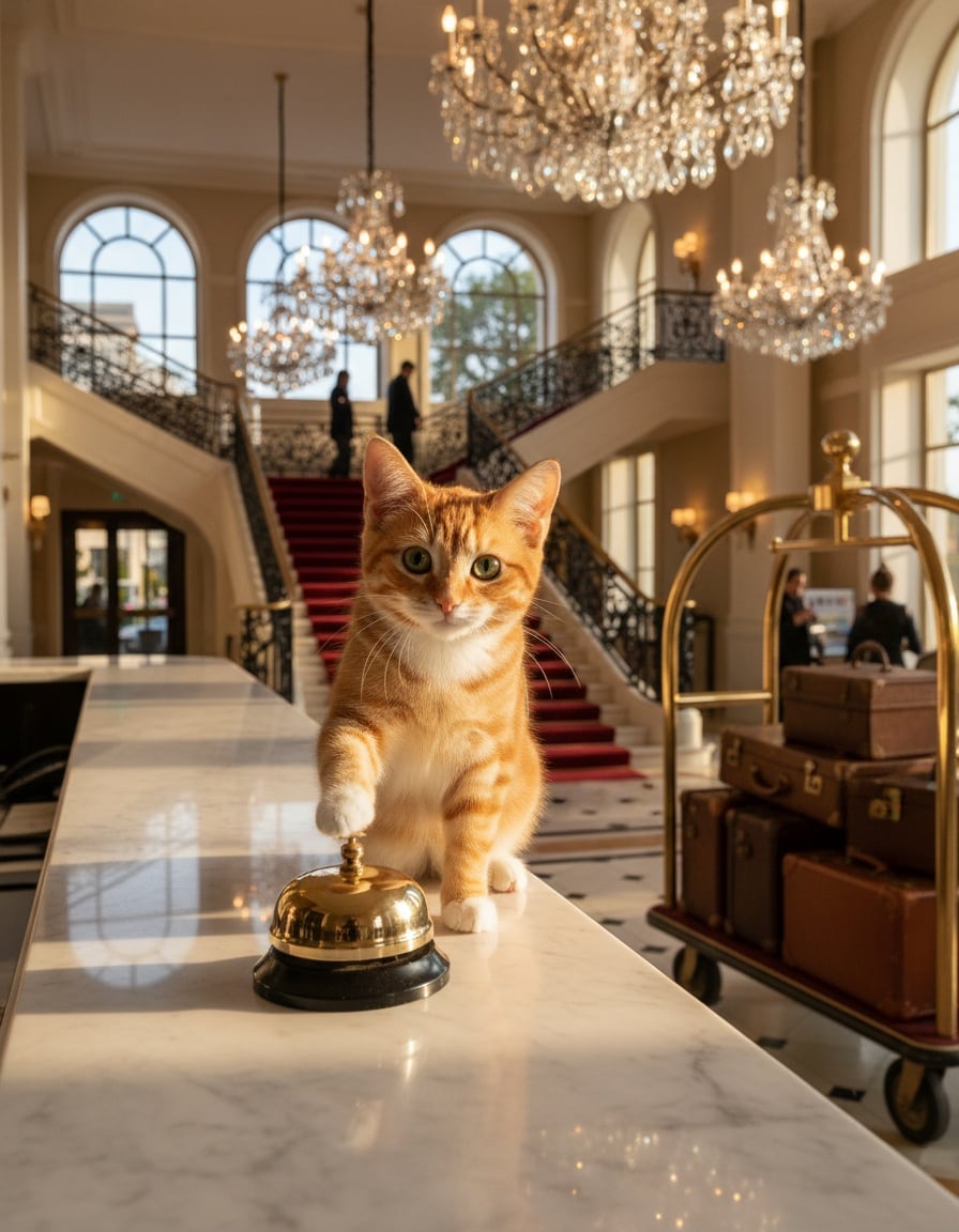 A ginger tabby cat presses a service bell on the front desk of a fancy hotel lobby.