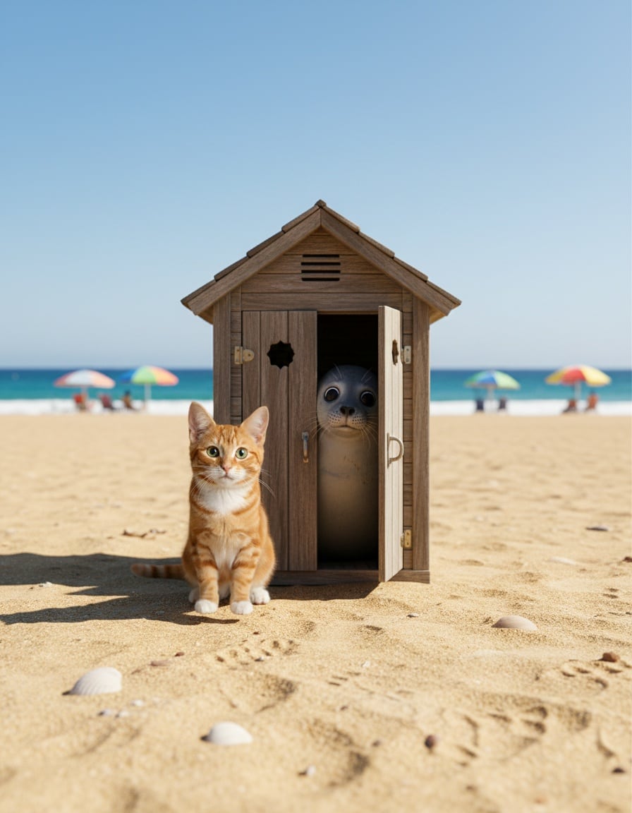A ginger cat waits impatiently outside a beach restroom while a seal peeks out of the door.