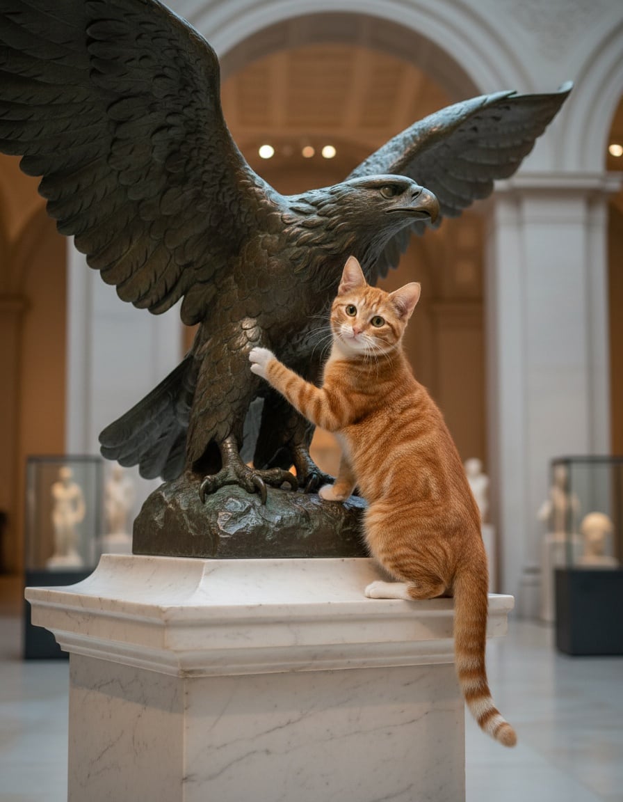 A ginger cat in a museum taps a large bronze eagle statue with her paw.