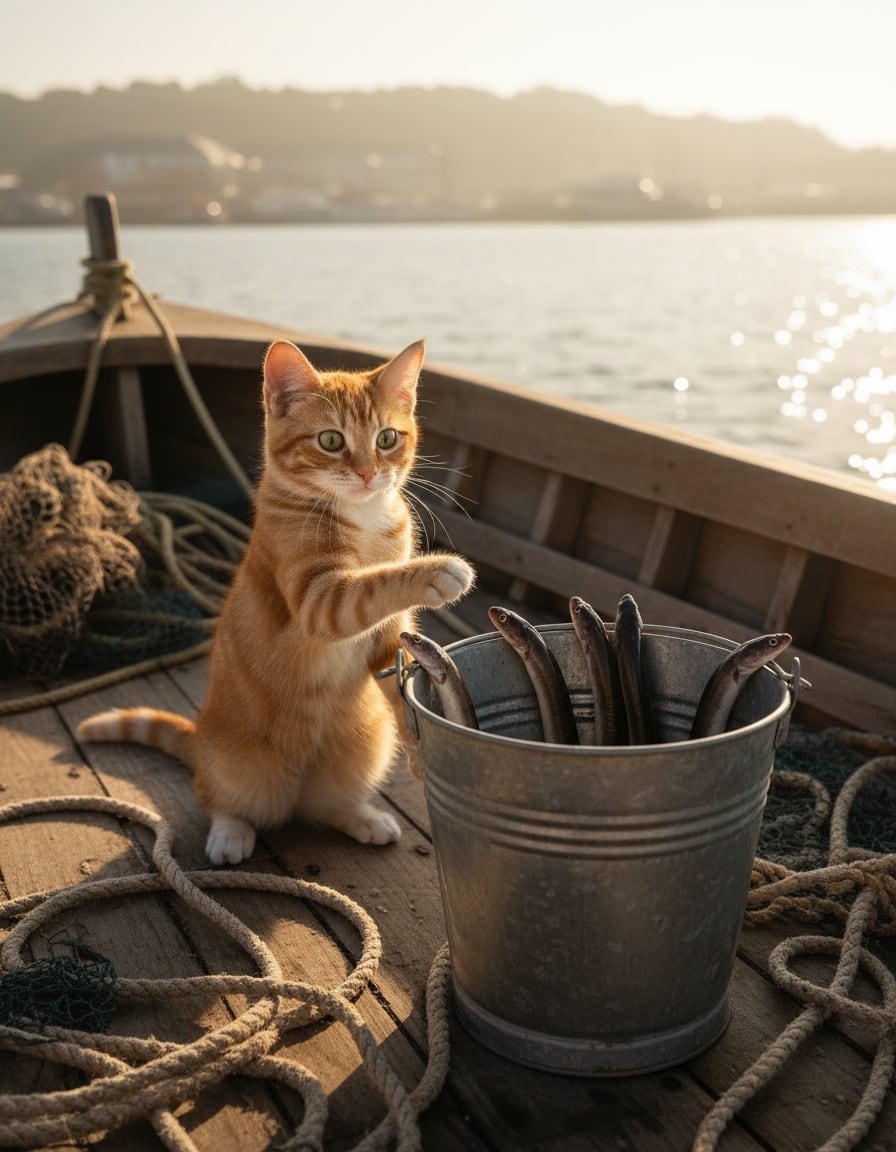 A ginger cat on a fishing boat points at a bucket with seven eels poking their heads out.