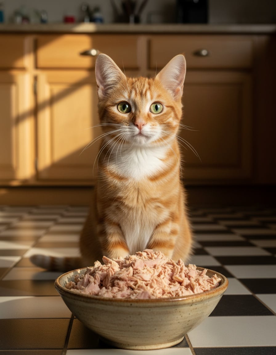 A ginger tabby cat sits happily in front of a full bowl of tuna on a kitchen floor.