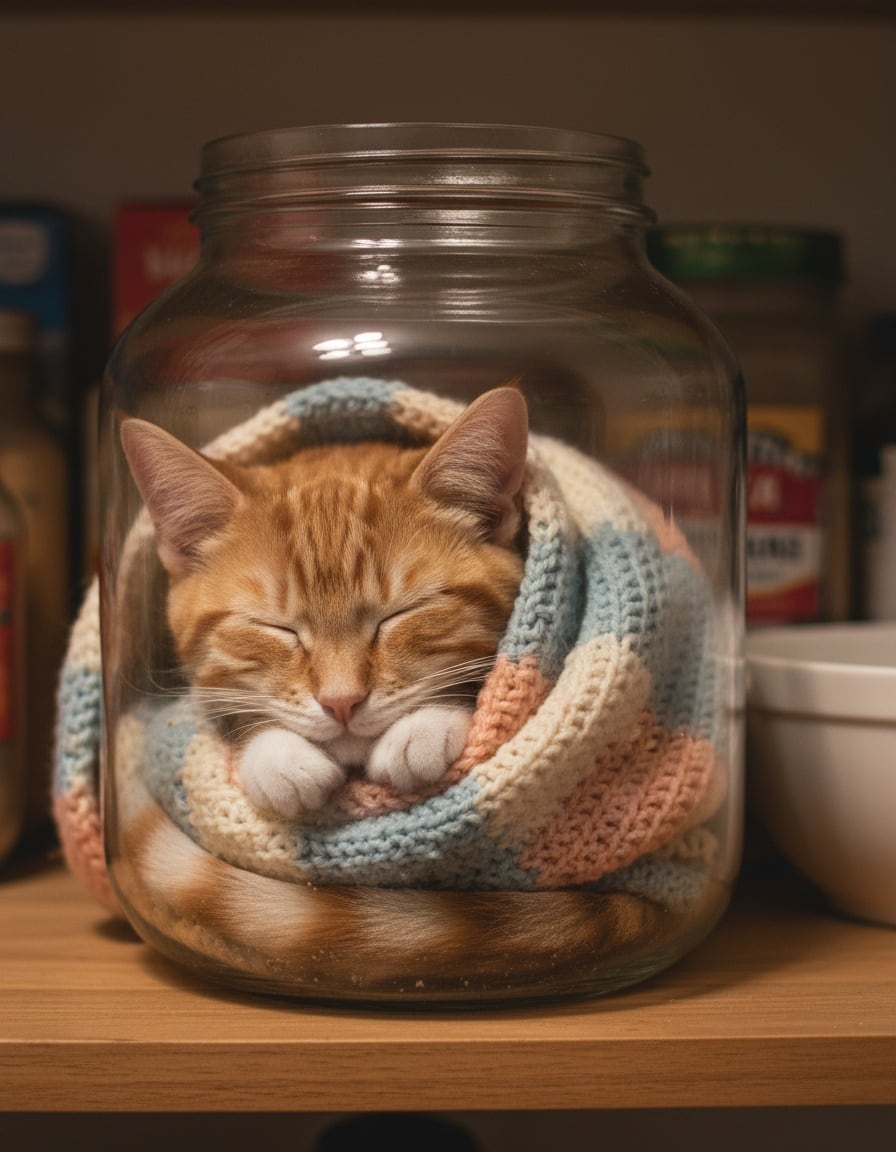 A ginger cat sleeps curled up inside a big glass jar on a kitchen shelf.