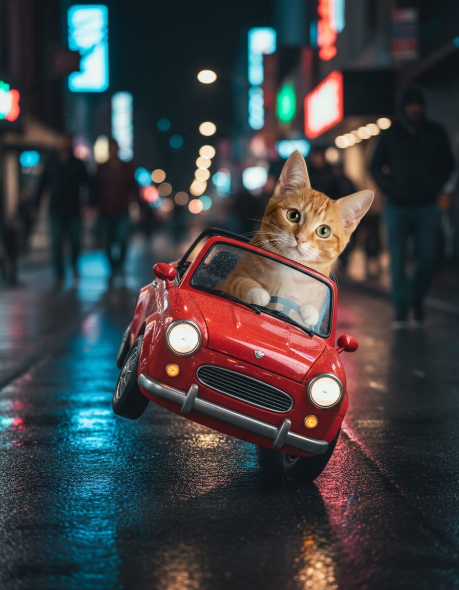 A ginger cat drives a small red car that bounces as if dancing on a night street.