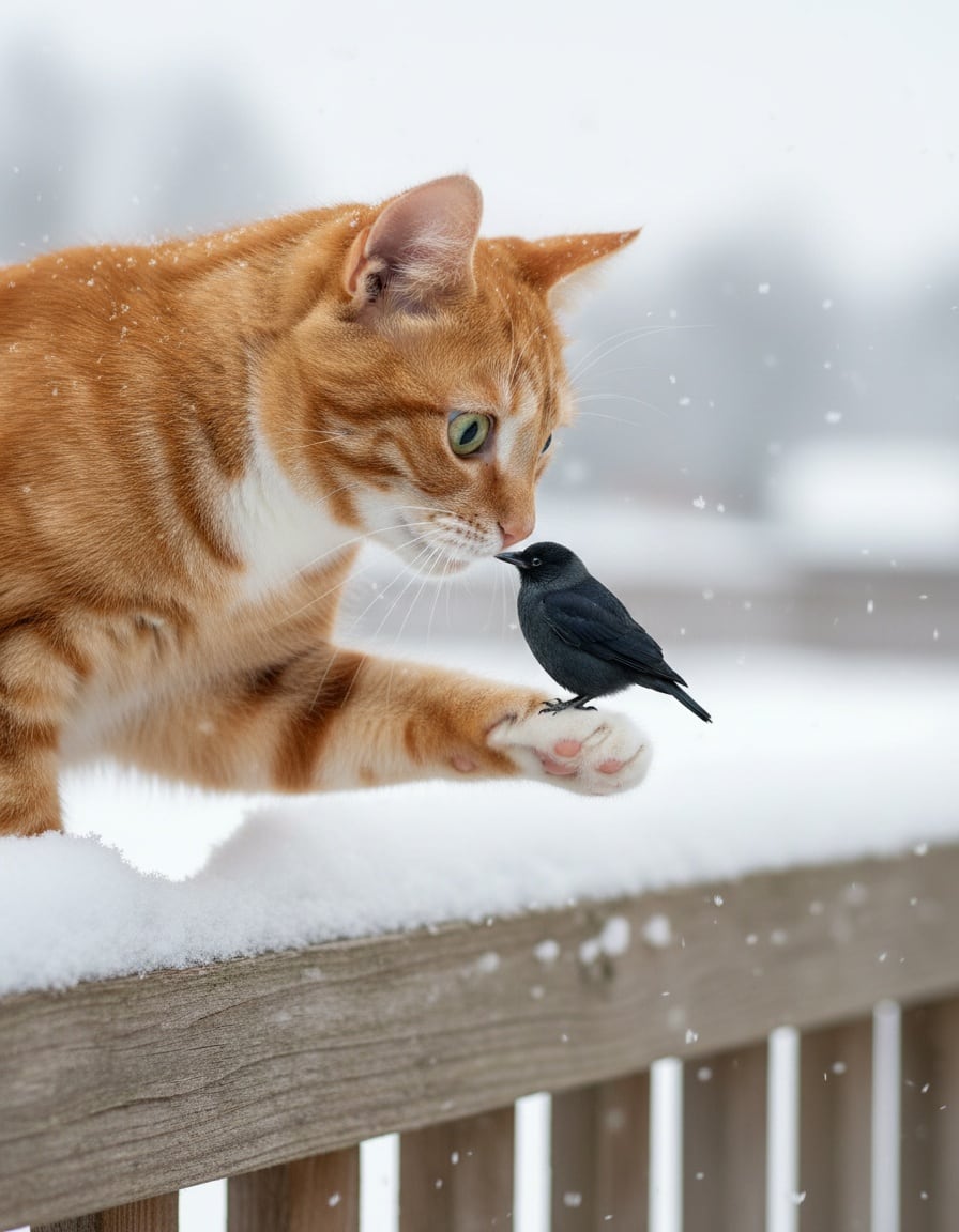 A ginger tabby cat on a snowy fence looks at a tiny black jackdaw perched on its white paw.