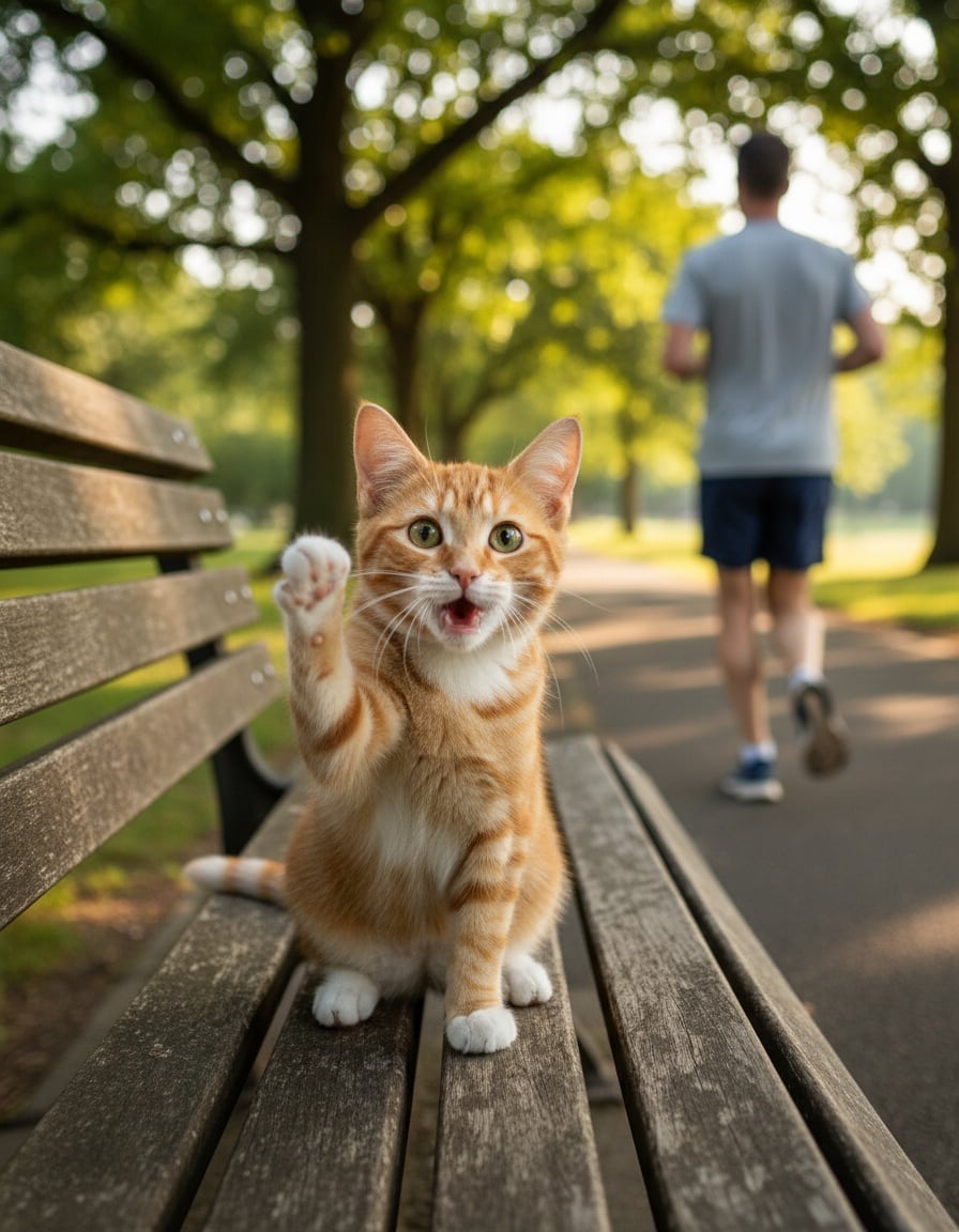 A ginger cat on a park bench raises a paw to call a passing jogger.