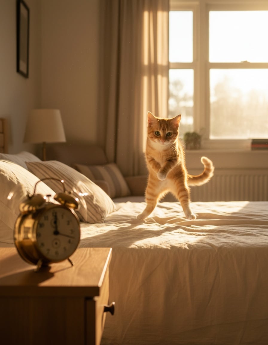 A ginger tabby cat jumps off a bed doing a happy dance as an old-fashioned alarm clock rings.