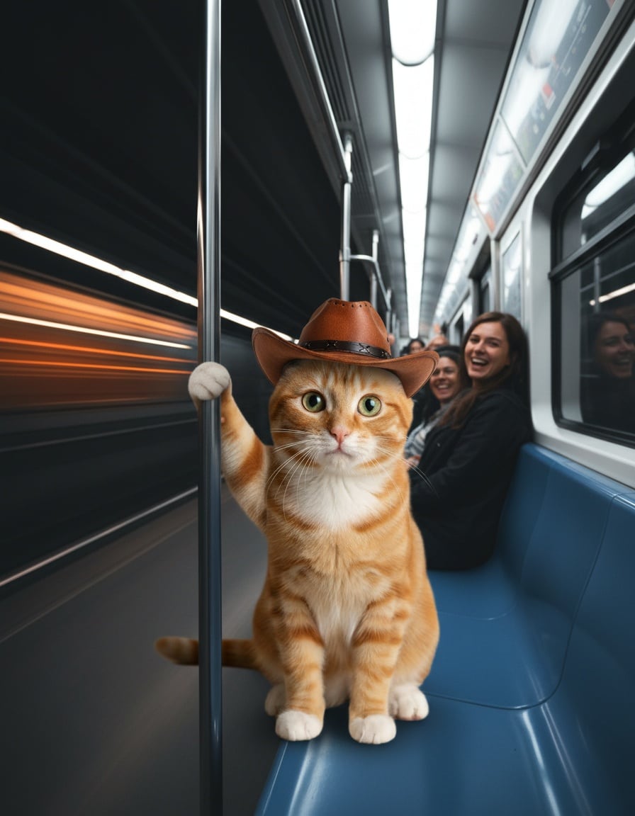 A ginger tabby cat in a cowboy hat cheers while riding inside a speeding subway car.