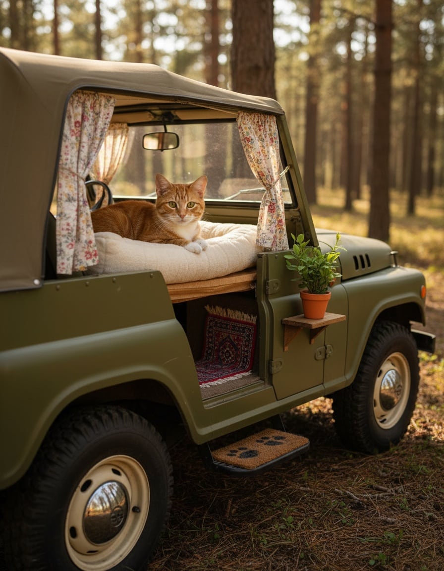 A ginger cat relaxes in an off-road vehicle decorated like a cozy little house in a forest.
