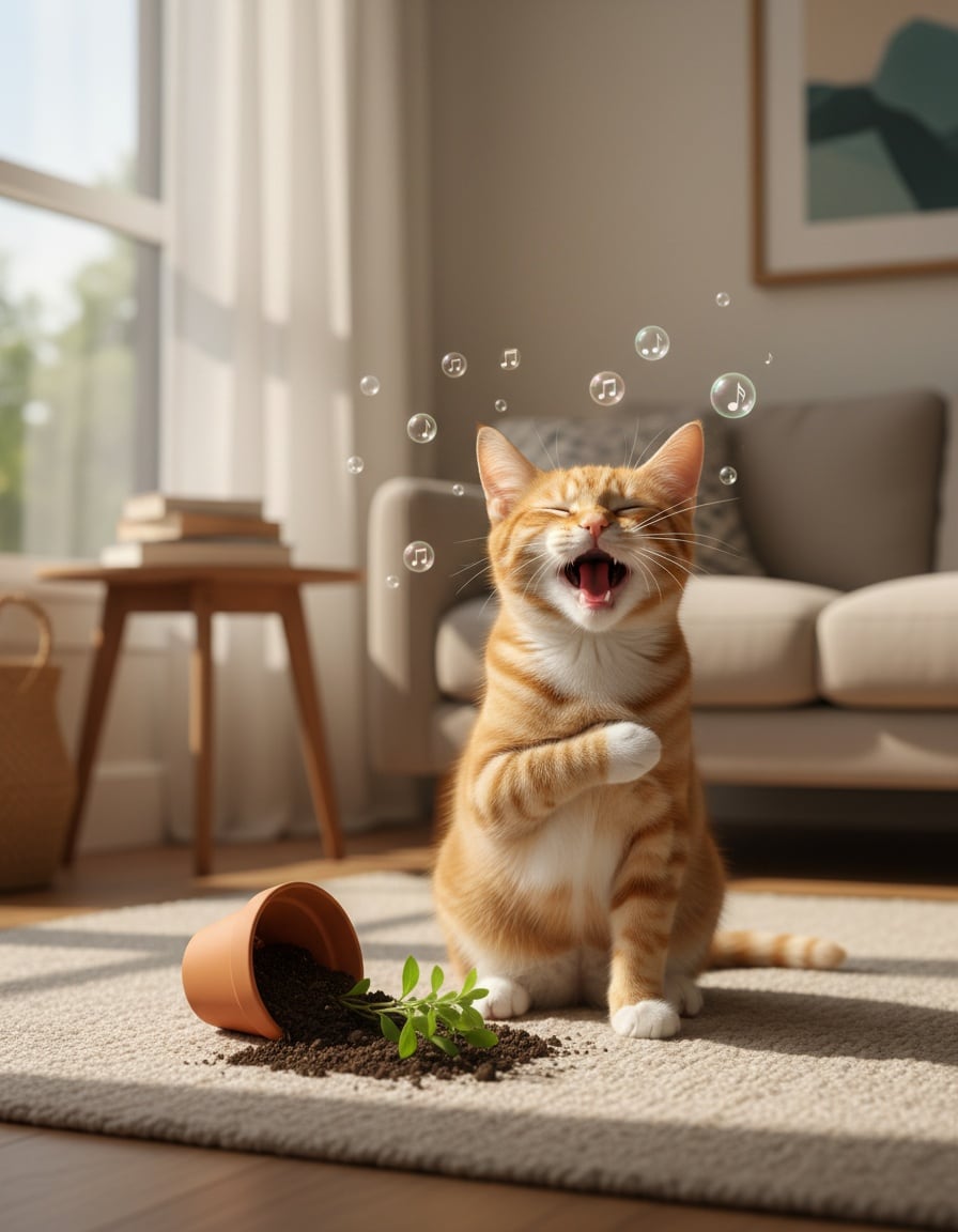 A ginger cat sings apologetically next to a houseplant she knocked over in a living room.
