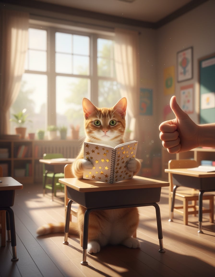 A proud ginger tabby cat holds up a notebook full of gold star stickers at a classroom desk.