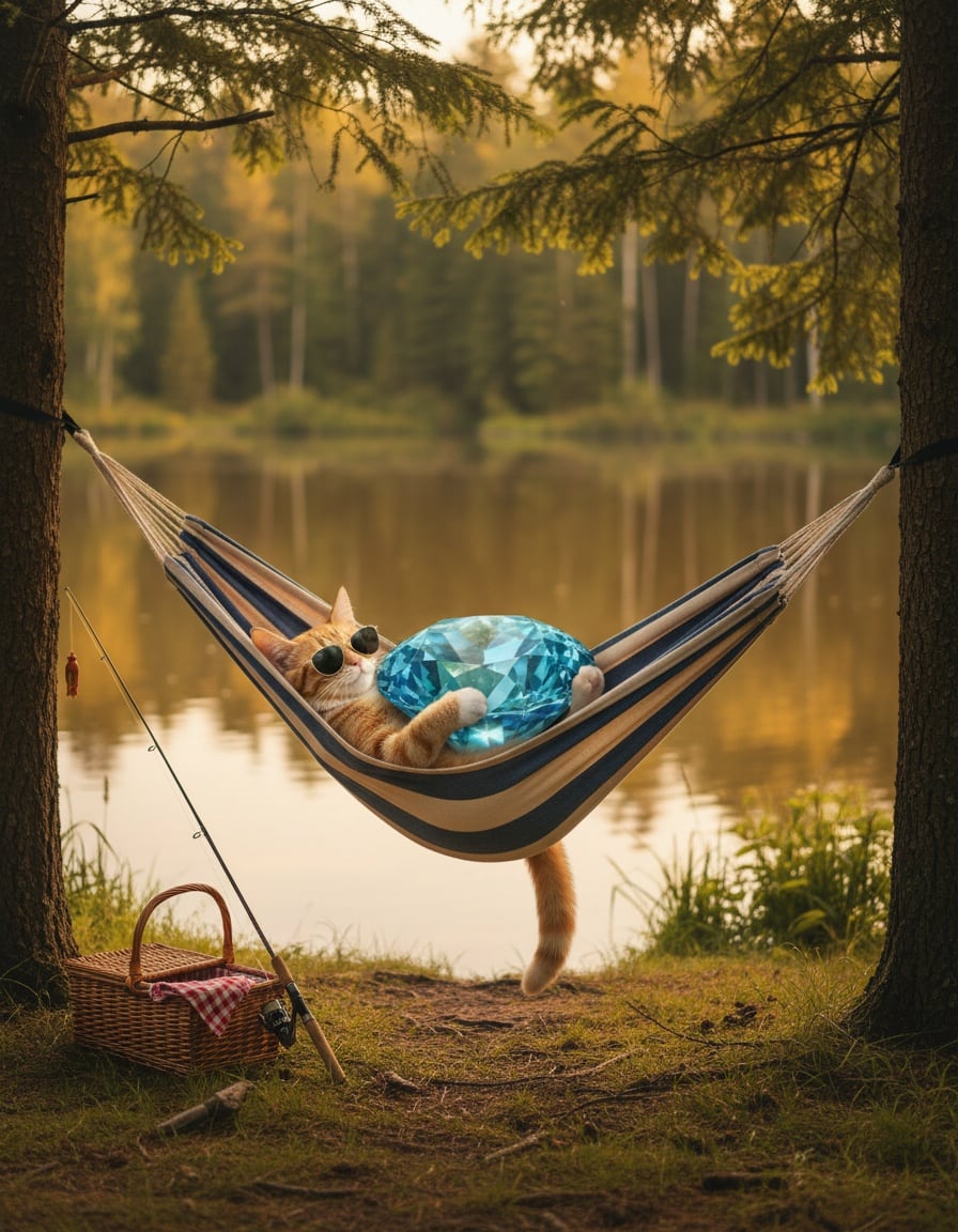 A ginger cat relaxes in a hammock by a lake, hugging a giant sparkling jewel.
