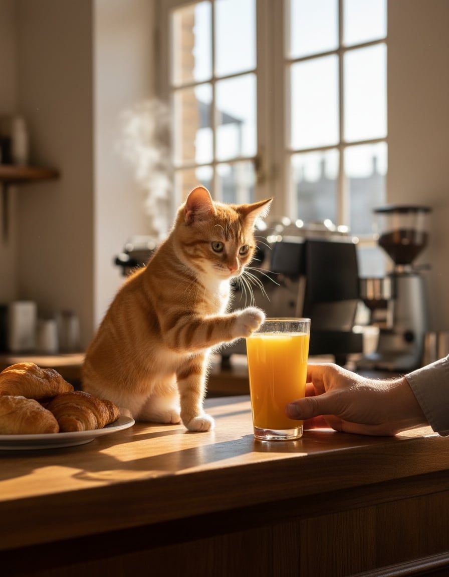 A ginger cat on a café counter reaches eagerly toward a tall glass of orange juice.