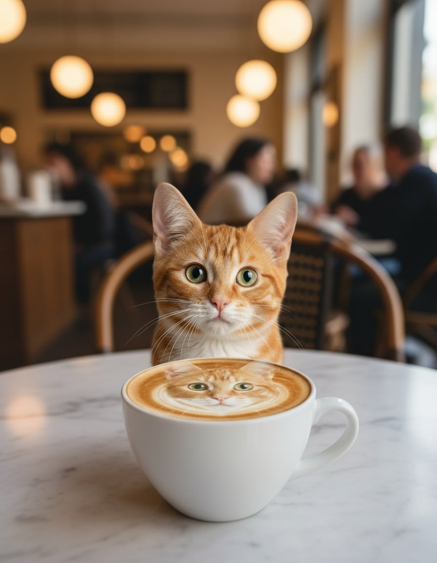 A ginger tabby cat looks at a cup of coffee with latte art shaped like its own face.