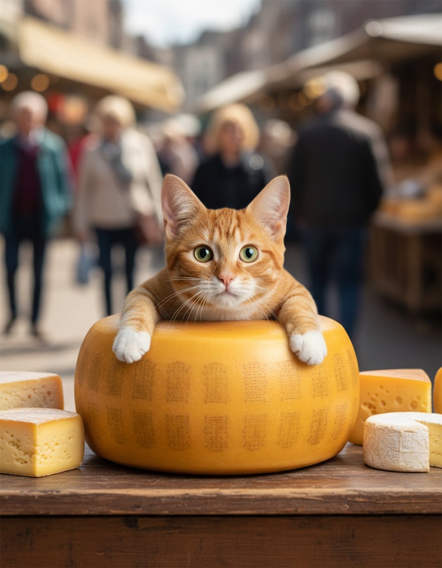 A ginger cat hugs a giant wheel of cheese much bigger than himself at a market.