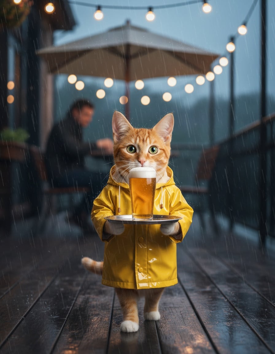 A ginger tabby cat in a yellow raincoat carries a glass of beer on a tray across a rainy pub terrace.