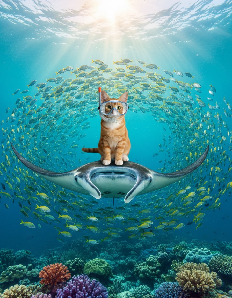A ginger tabby cat in a snorkel mask rides a manta ray through a huge school of fish.
