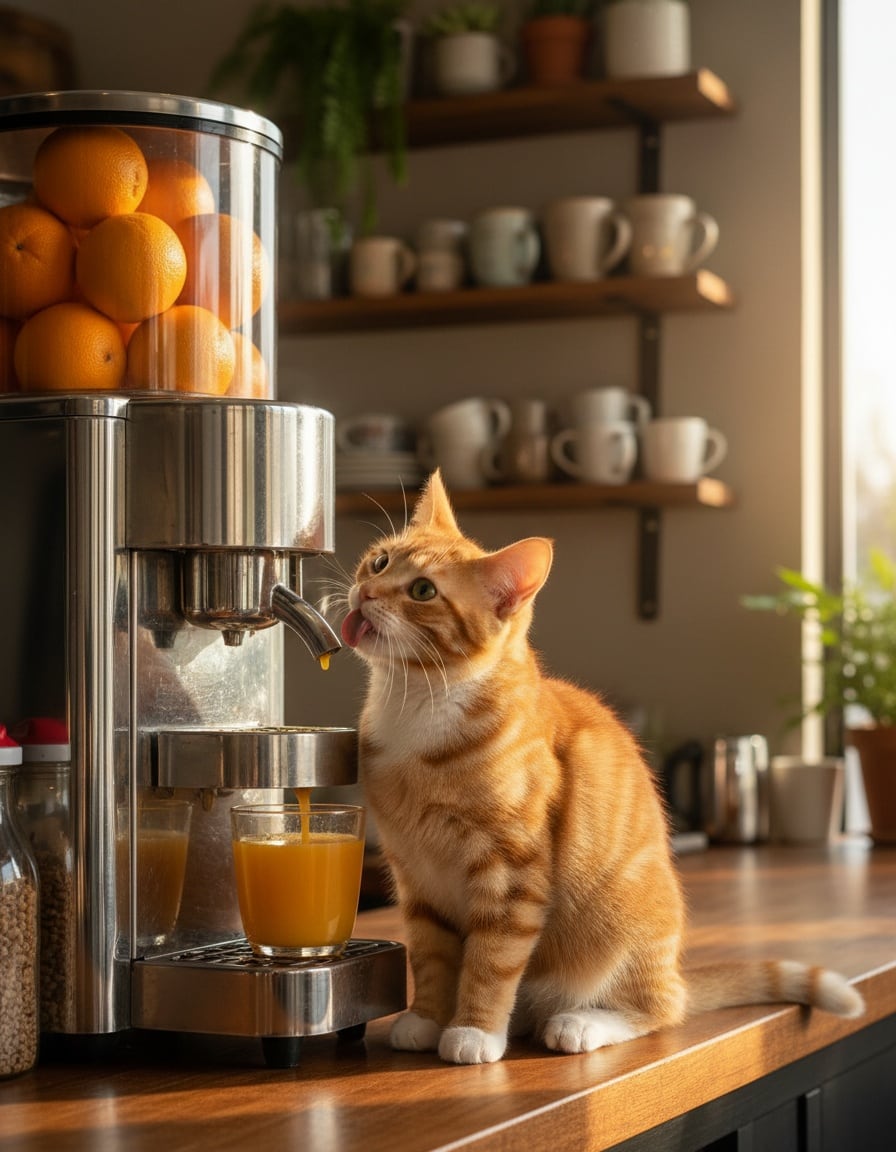 A ginger cat drinks juice directly from the spout of a large juice machine on a café counter.