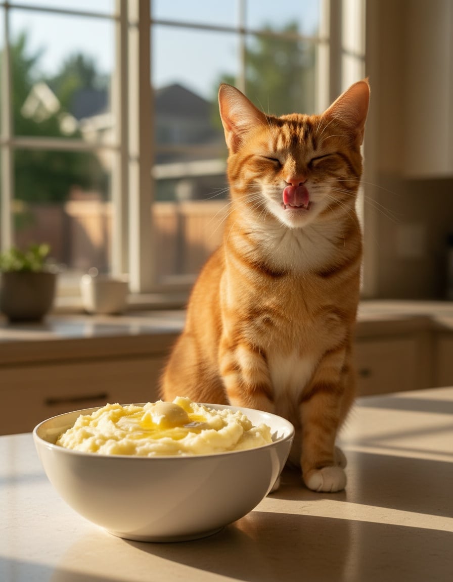 A ginger tabby cat licks her lips blissfully beside a big bowl of buttery mashed potatoes.