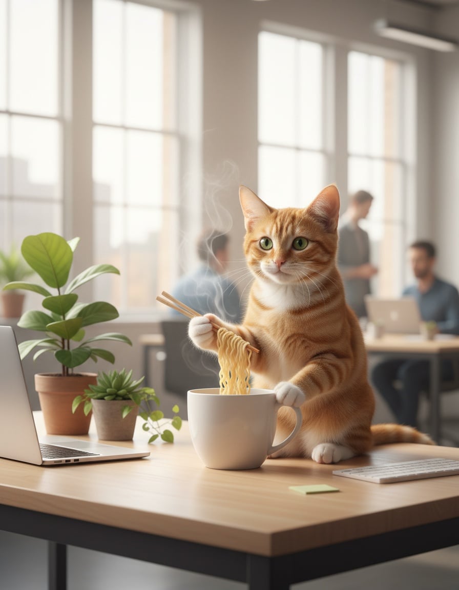 A ginger tabby cat eats noodles from a big mug at an office desk.