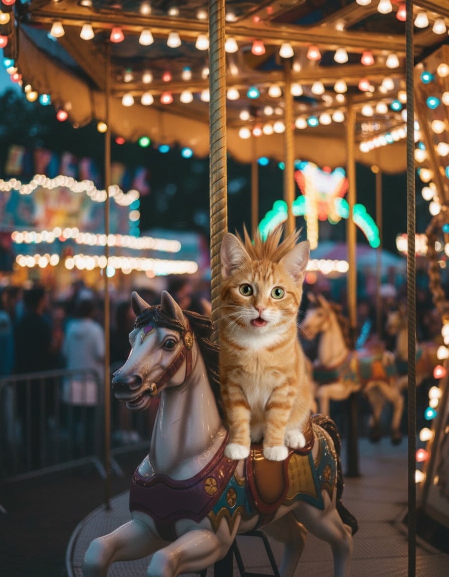 A ginger tabby cat rides a carousel horse with the fur on its head blowing wildly.