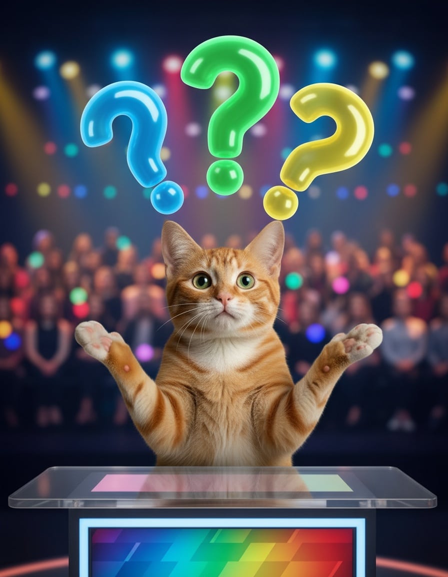 A ginger cat at a quiz show podium shrugs in confusion with question-mark balloons above her.