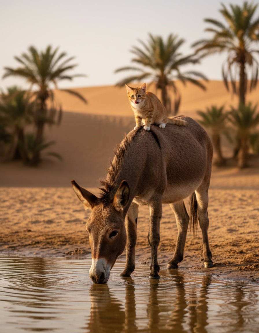 A ginger tabby cat rides a brown mule up to a sparkling pool of water at a desert oasis.