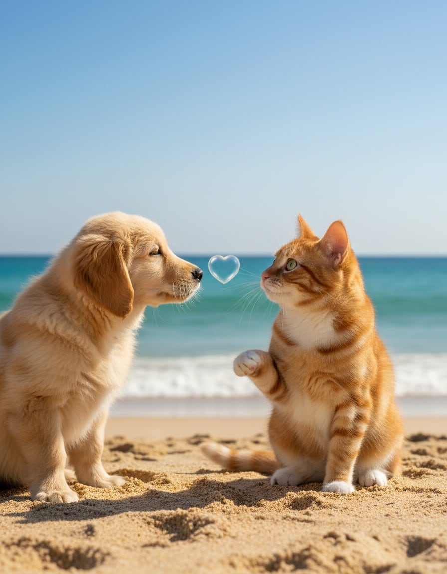 A puzzled ginger tabby cat tilts its head as a puppy blows it a kiss on a sunny beach.