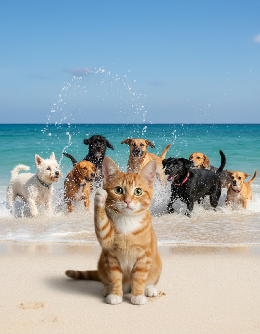 A puzzled ginger tabby cat on a beach looks at a group of scruffy dogs, trying to count them.