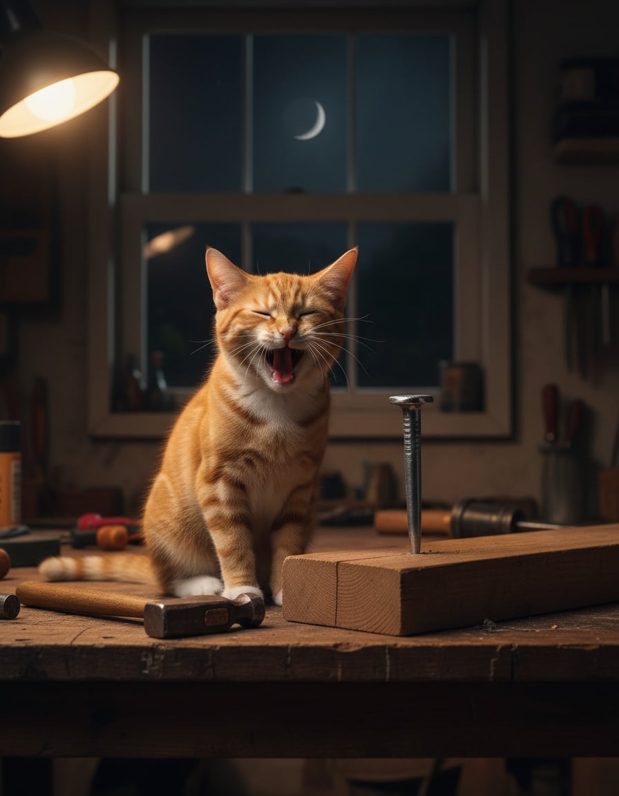 A sleepy ginger tabby cat yawns next to a giant half-hammered nail on a workbench at night.