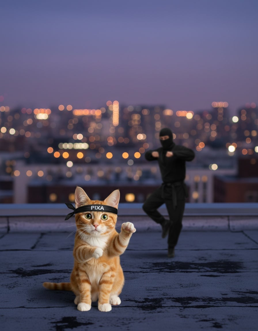A ginger cat in a ninja headband copies the pose of a man in a ninja suit on a rooftop.