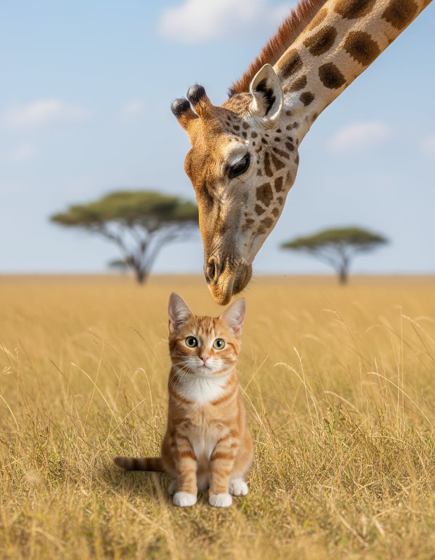 A giraffe bends its long neck down in a nod toward a hopeful ginger cat on the savanna.