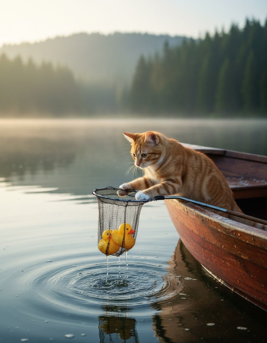 A ginger tabby cat in a rowing boat lifts a net holding four yellow rubber ducks.