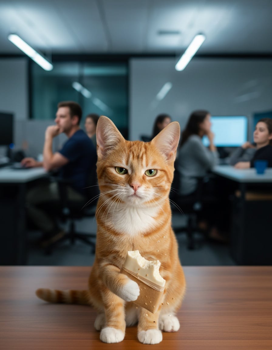 A ginger cat on an office desk holds a bitten nougat bar and looks around suspiciously.