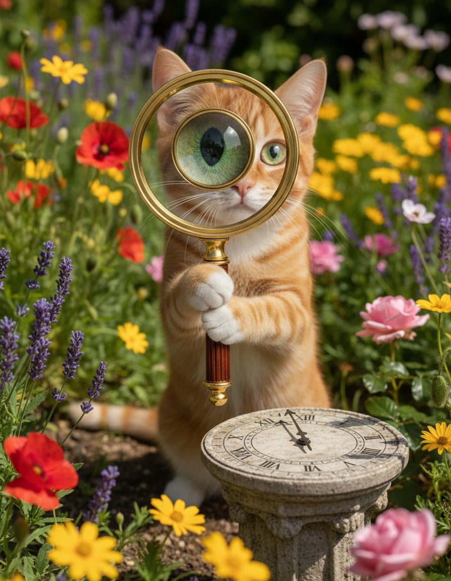 A ginger cat looks through a magnifying glass that makes her green eye huge, next to a sundial in a sunny garden.