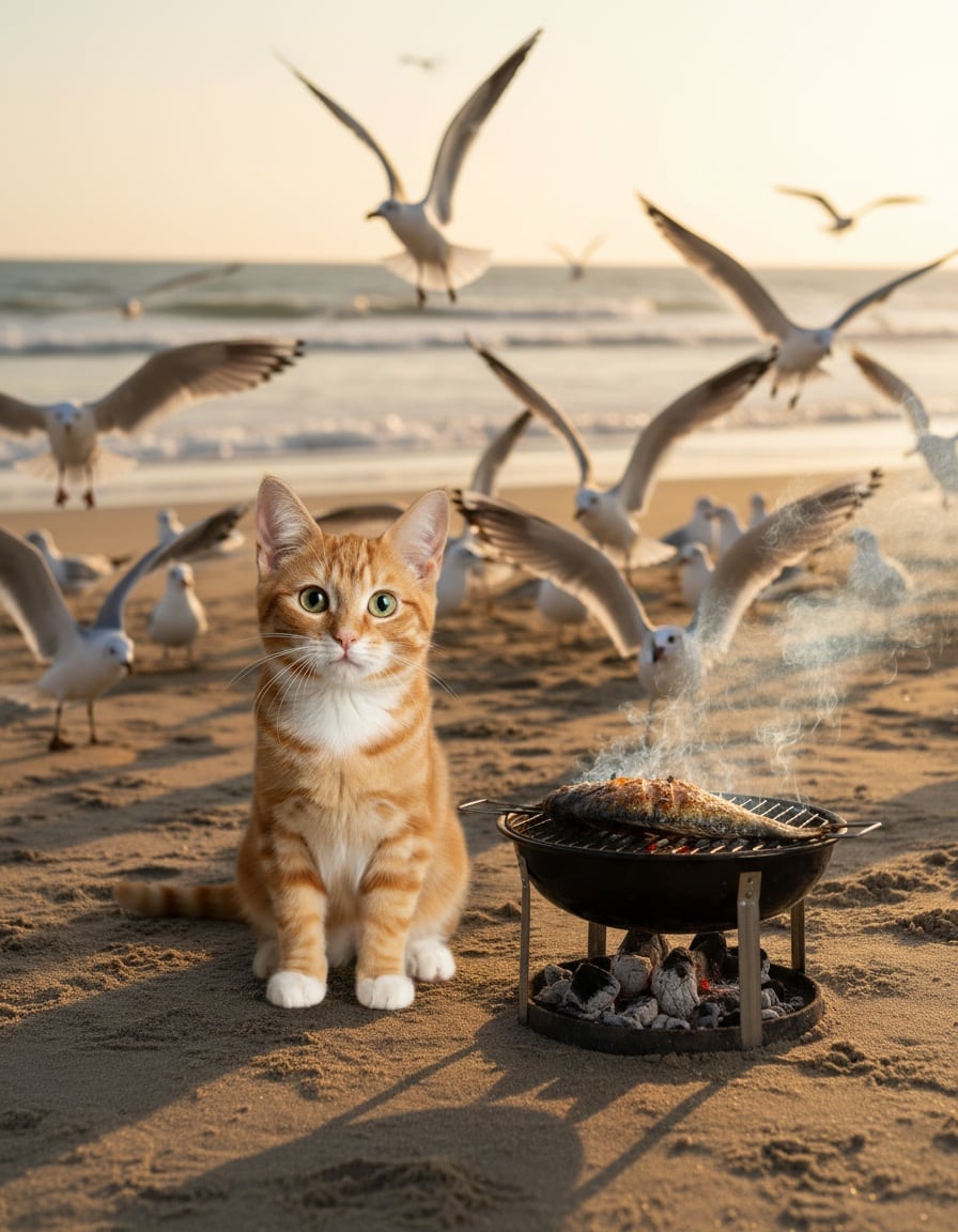 A ginger cat grills a fish on a beach while many seagulls fly in toward the smell.