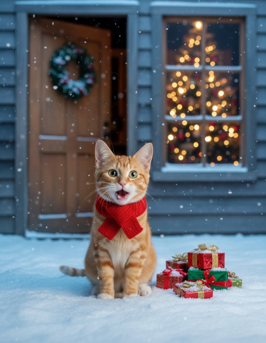 A ginger tabby cat in a red scarf sings in the snow next to wrapped presents outside a cabin.
