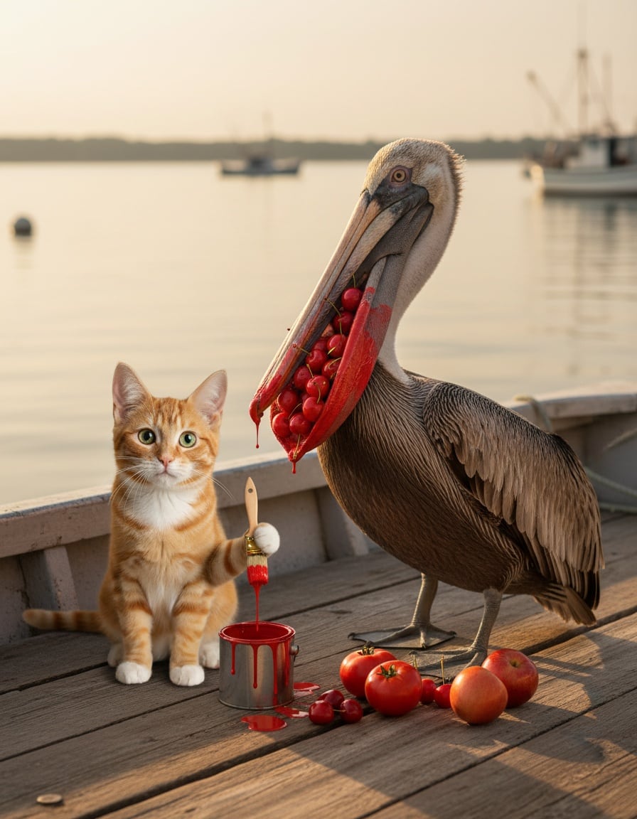 A ginger tabby cat paints a pelican's throat pouch red on a fishing boat, the pouch full of red fruit.