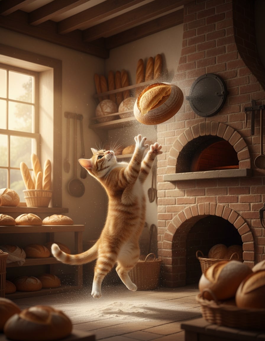 A ginger cat catches a loaf of bread flying out of a bakery oven.