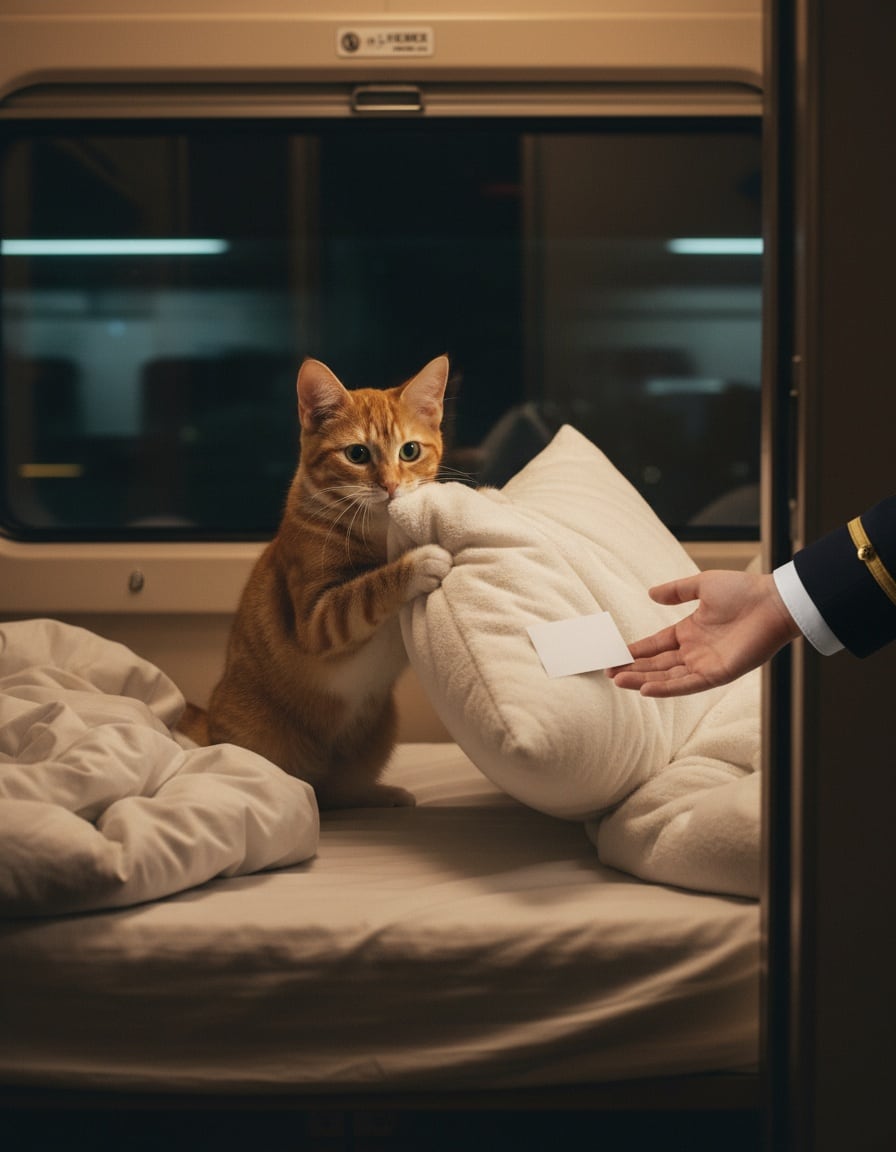 A ginger tabby cat tucks a train ticket under a pillow in a sleeper compartment.