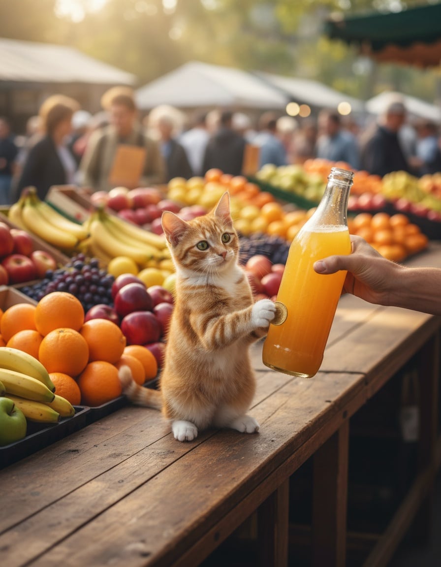 A ginger tabby cat pays a coin to buy a cold bottle of soda at a market stall.