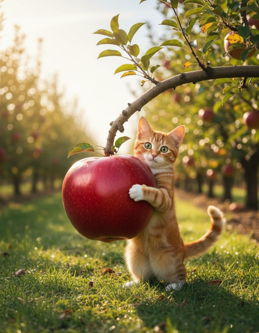 A ginger tabby cat hugs a giant red apple on a tree branch bent down to the ground in an orchard.
