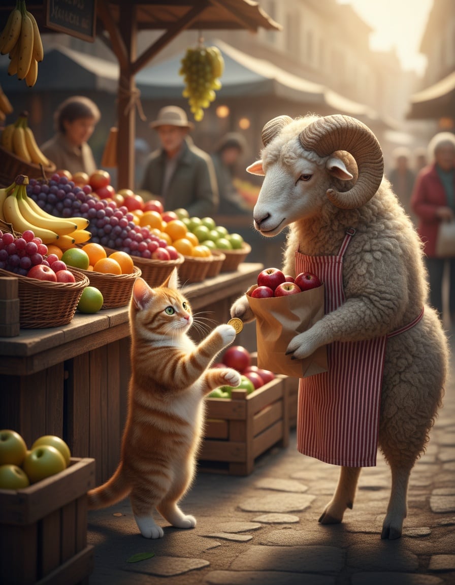 A ginger tabby cat buys apples from a ram wearing an apron at an outdoor fruit stall.