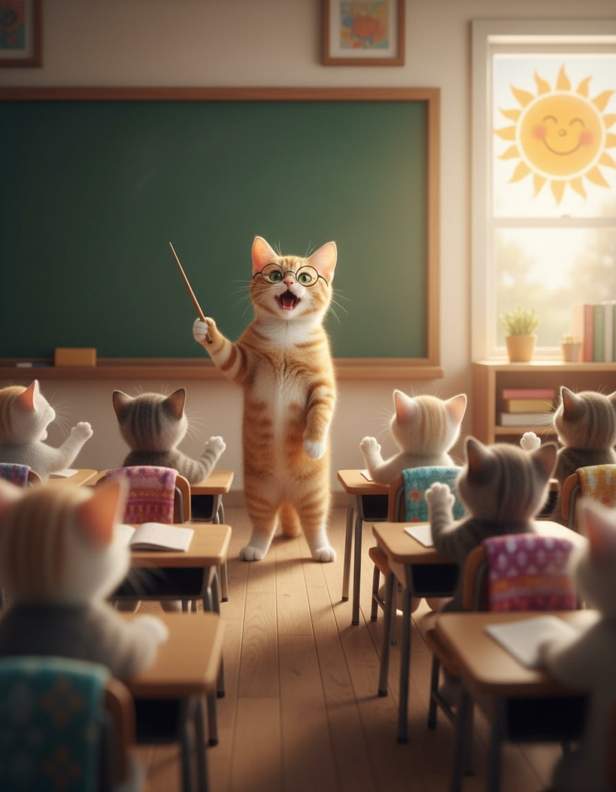 A ginger cat teacher with glasses leads a class of kittens in song while the sun shines through the window.