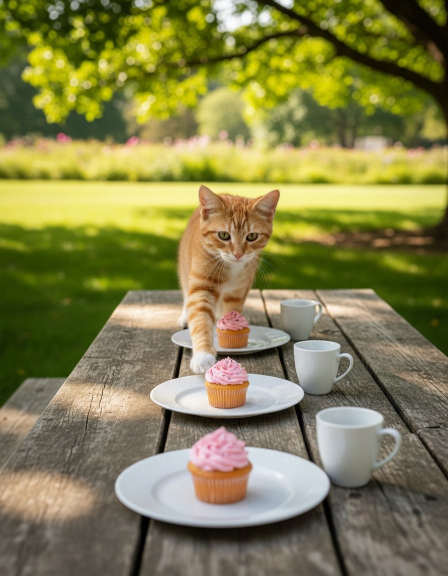 A ginger tabby cat sets a park picnic table with three plates, three cups and three cupcakes.