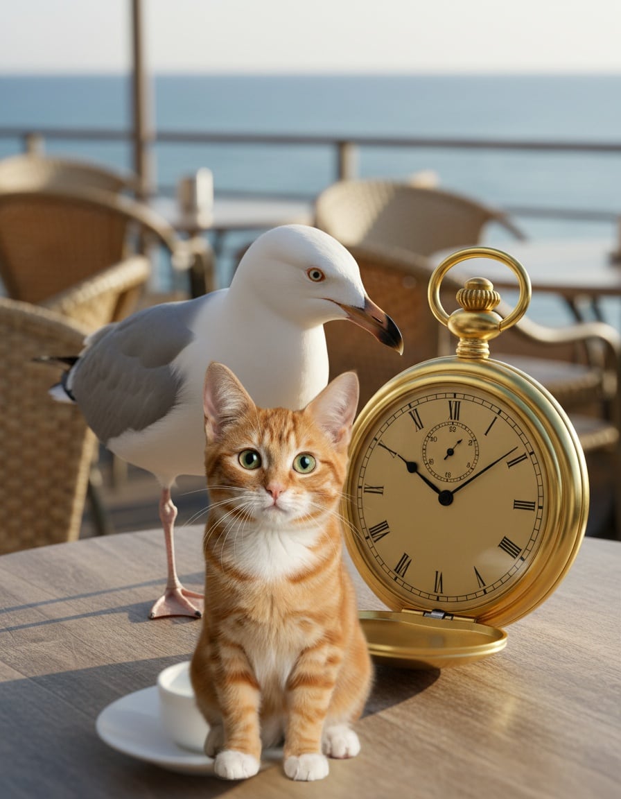 A seagull taps a large pocket watch beside a surprised ginger tabby cat at a café table.